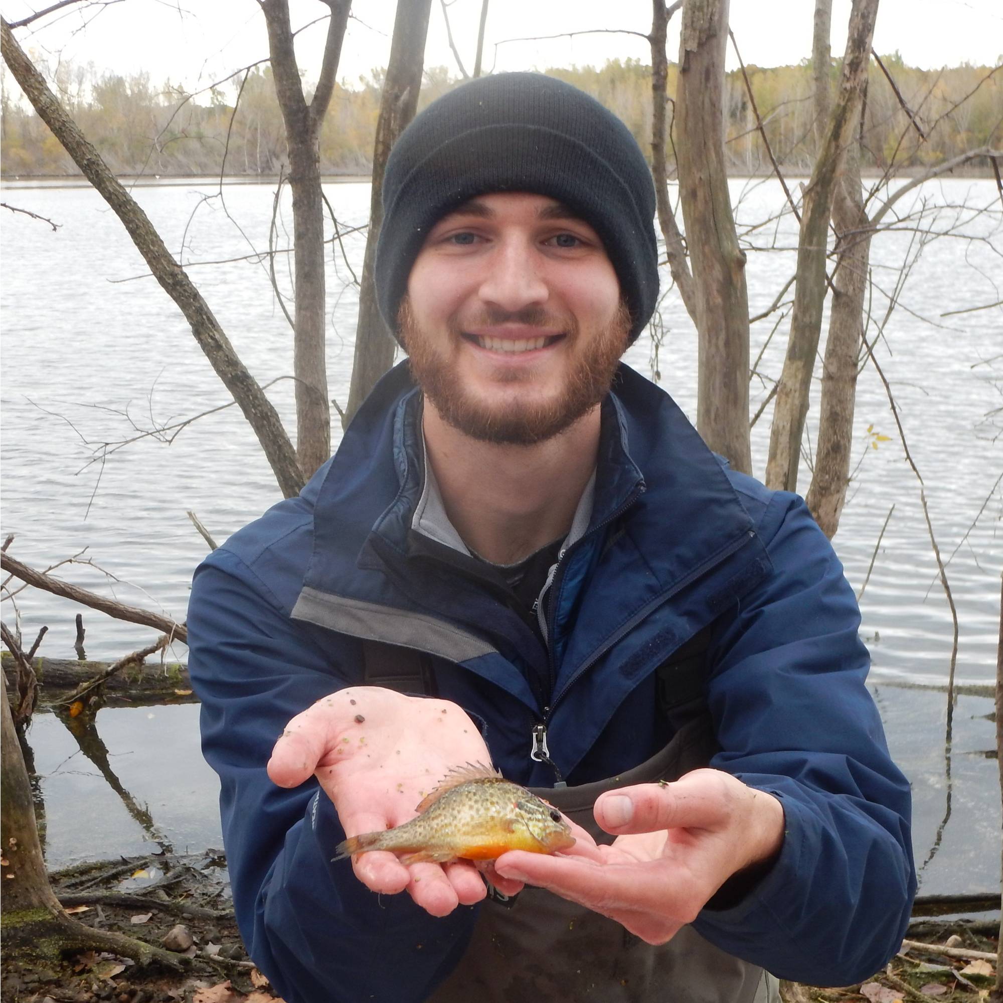 A student is holding a pumpkinseed fish.